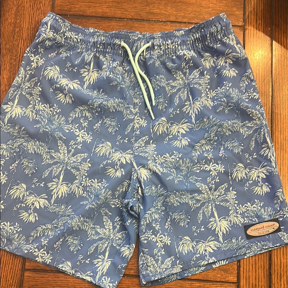 Vineyard Vines Blue and White Swim Trunks with Palm Print